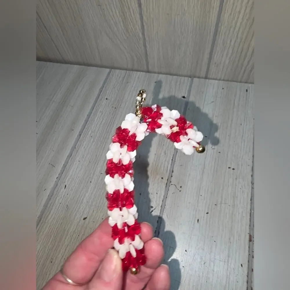 Vtg Handmade Plastic Beaded Candle Sticks & Candy Cane Christmas 3” Set of 3